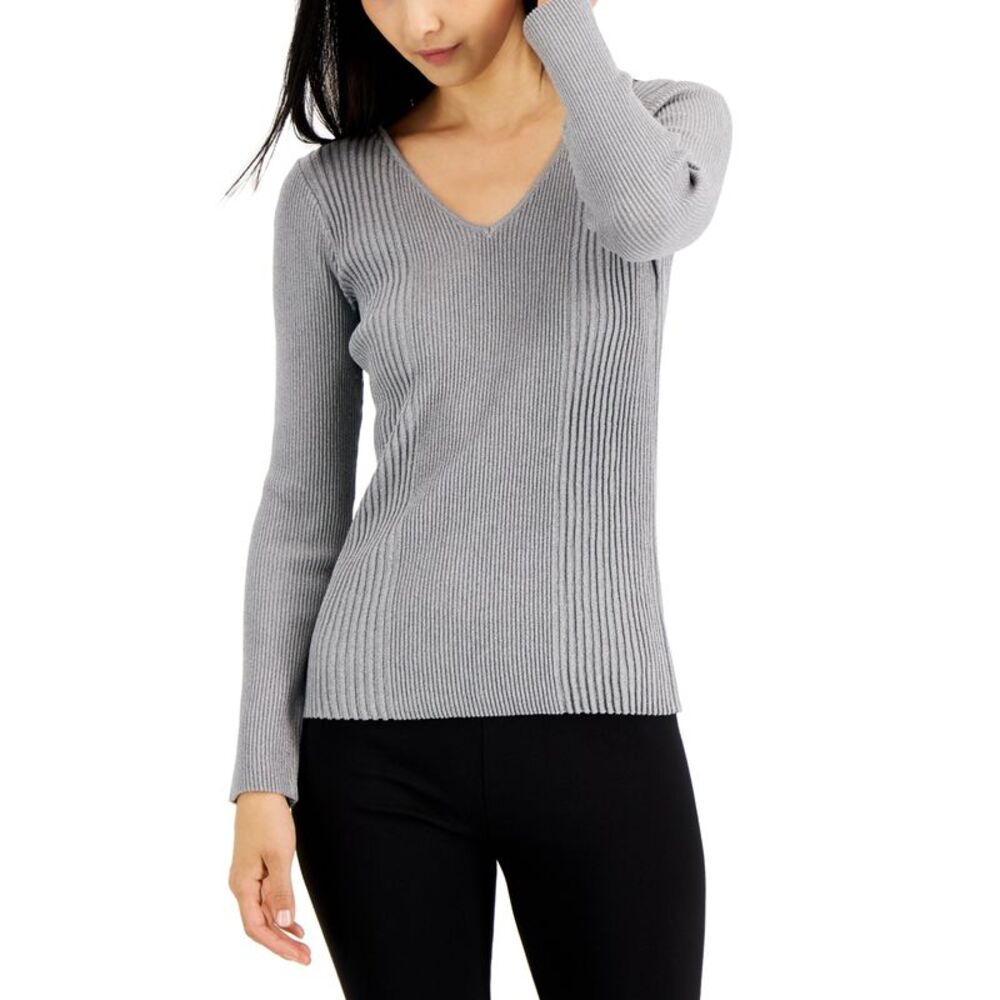 Alfani Womens Metallic Ribbed V Neck Sweater